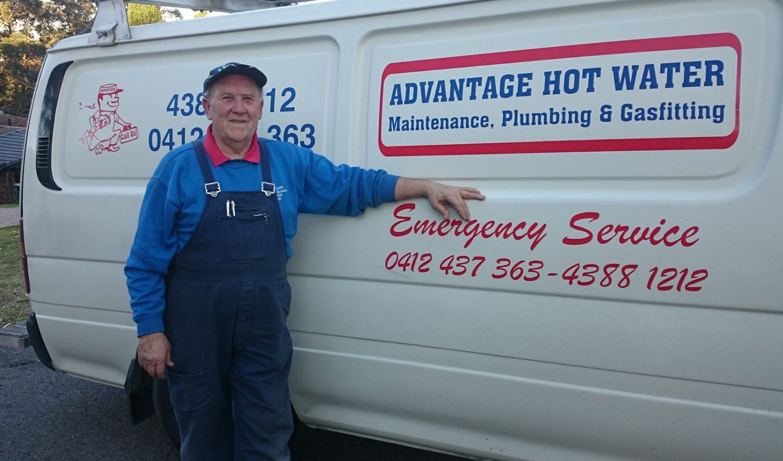 a white van with advantage hot water plumbing logo on the side of it and a plumber standing next to it
